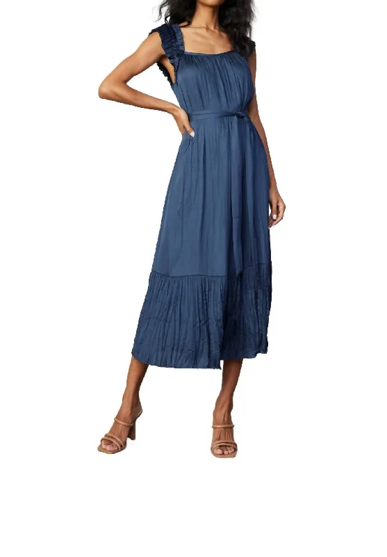 Women's Formal Event Clothing Feminine Allure Crinkled Ruffled Shoulder Midi Dress In Navy