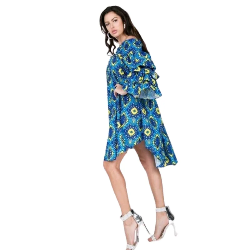 Women's Athletic Clothes Seasonal Trend Y Ruffle Sleeve Smocking Off Shoulder Print Midi Dress