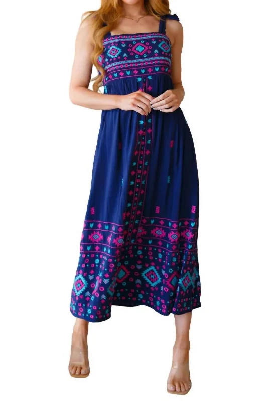 Women's Professional Apparel Feminine Allure Midnight Magic Embroidered Maxi Dress In Blue