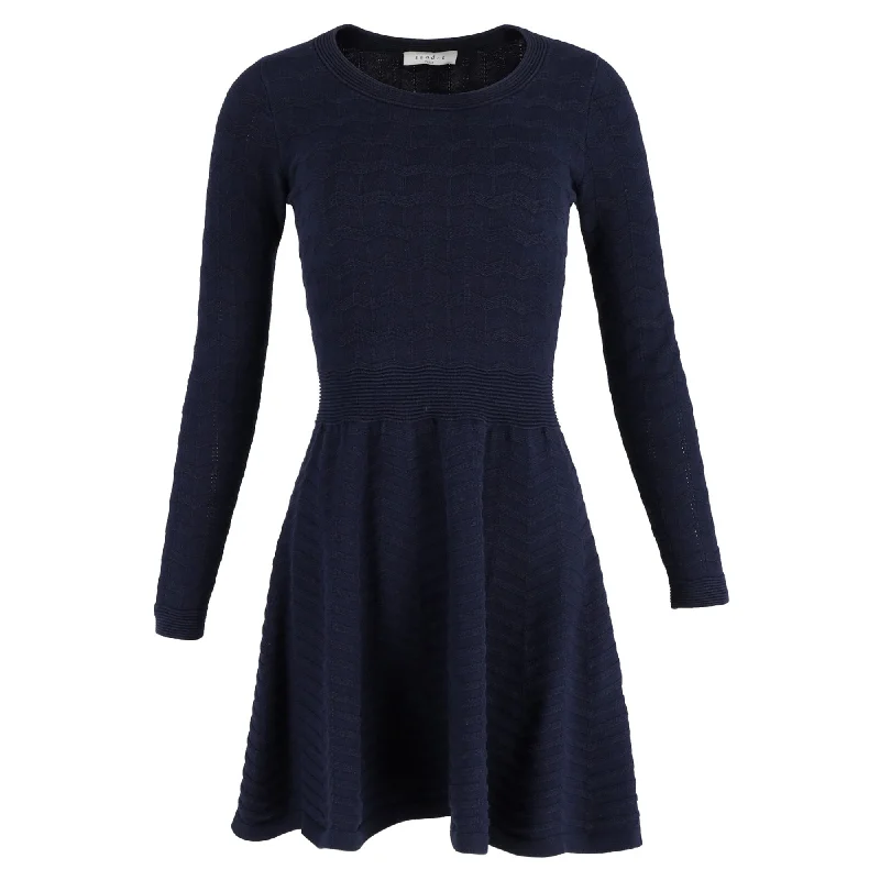 Casual Chic Women's Clothes Sophisticated Cut Sandro Diamond Knit Long Sleeve Fit and Flare Mini Dress in Navy Blue Cotton