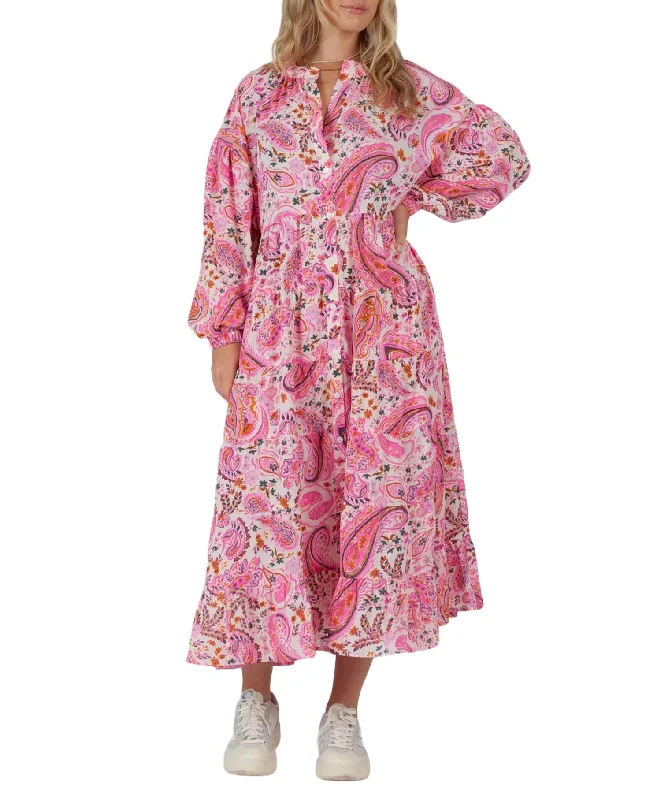 Fashion-Forward Women's Clothing Feminine Charm Paisley Long Sleeve Maxi Dress In Pink