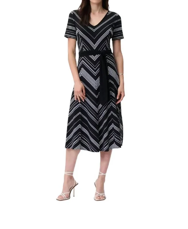 Vintage-Inspired Garments Subtle Sophistication Fit And Flare Striped Midi Dress In Black/vanilla