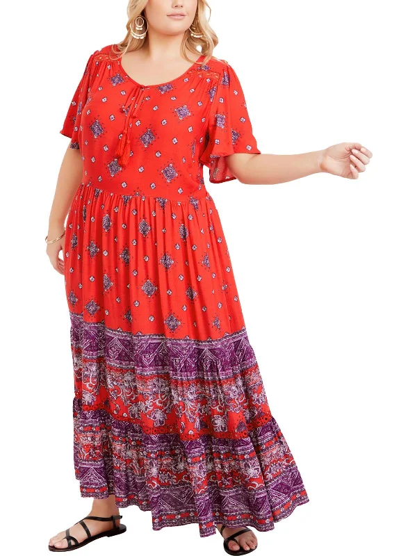 Women's Comfy Attire For Lounging Dreamy Aesthetic Plus Zariah Womens Printed Tiered Midi Dress