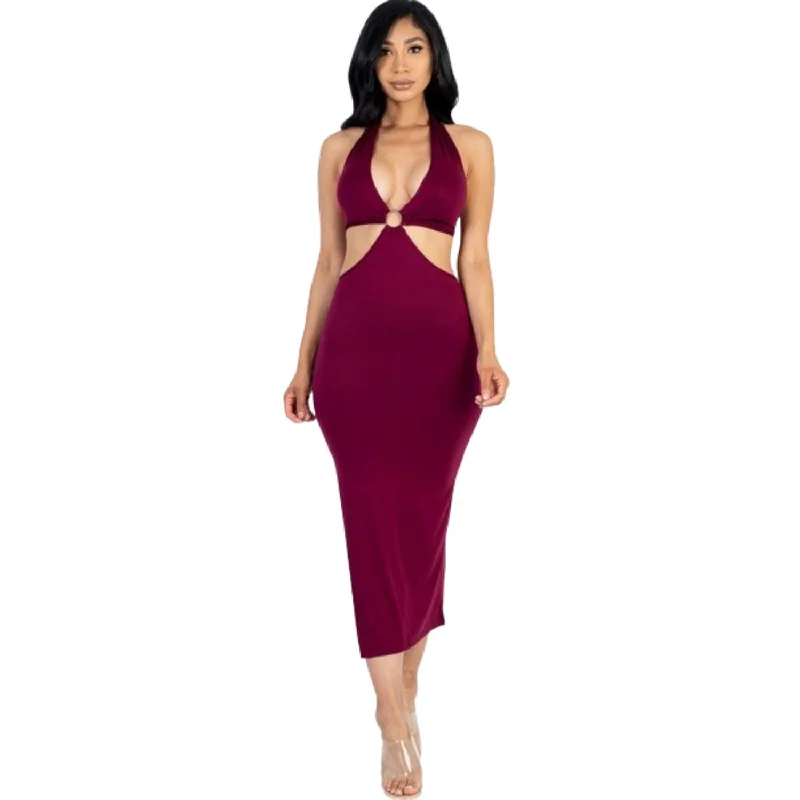 Women's Stylish Casual Garments Minimalist Office - Ready Style Cut-out Halter Neck Double Back Tie Split Thigh Midi Dress