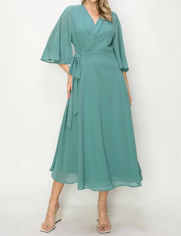 Women's Clothing For Holiday Travel Feminine Allure Wrap Knit V Neck Midi Dress In Dusty Teal