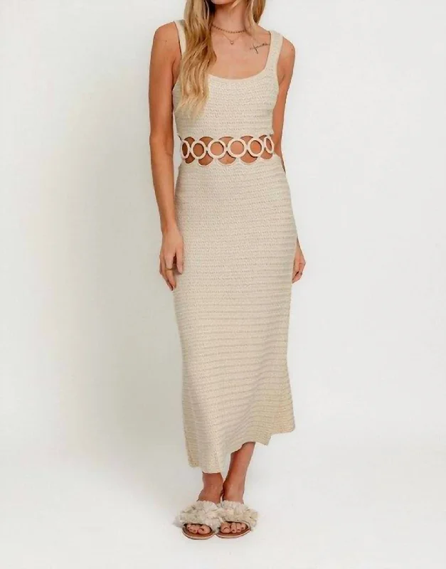 Women's Classic Attire Minimalist Chic Square Neck Midi Dress With Midriff Cutout In Cream