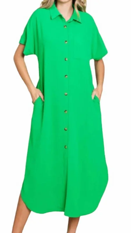 Women's Functional Apparel For Outdoor Activities Polished Finish Button Down Midi Dress In Kelly Green