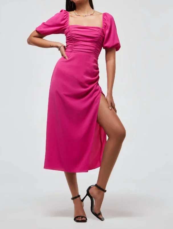 Women's Elegant Clothes Feminine Flow Afina Verona Ruched Midi Dress In Wild Rosa