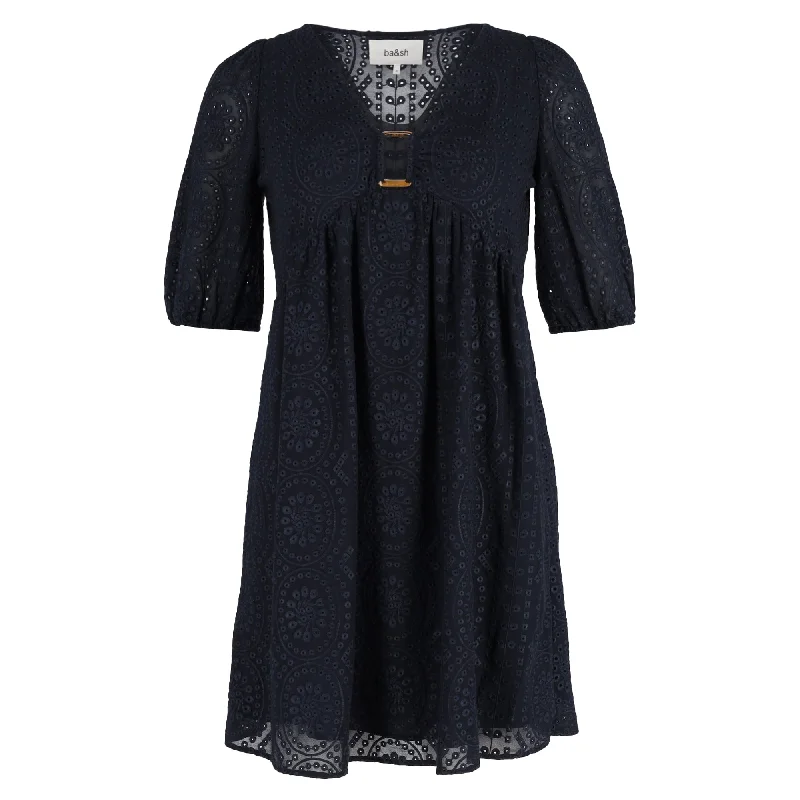 Women's Fashion Clothes Elevated Style Ba&Sh V-Neck Mini Dress in Navy Blue Cotton