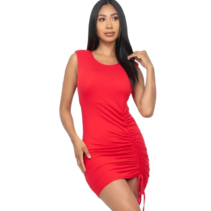 Women's Contemporary Clothing Effortless Style Sleeveless Shoulder Pad Drawstring Ruched Mini Dress