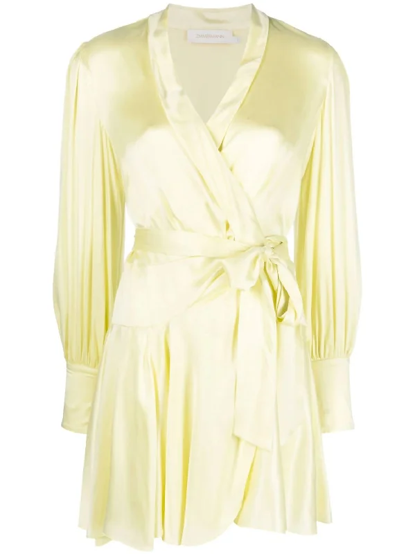 Women's Transitional Attire Urban Sophistication Silk Wrap Mini Dress In Lemon