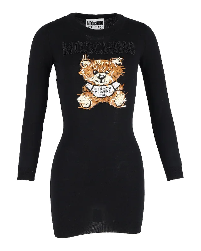 Charming Women's Outfit For Special Occasions Nordic Minimalist Home Look Moschino Embellished Bear Mini Dress in Black Wool