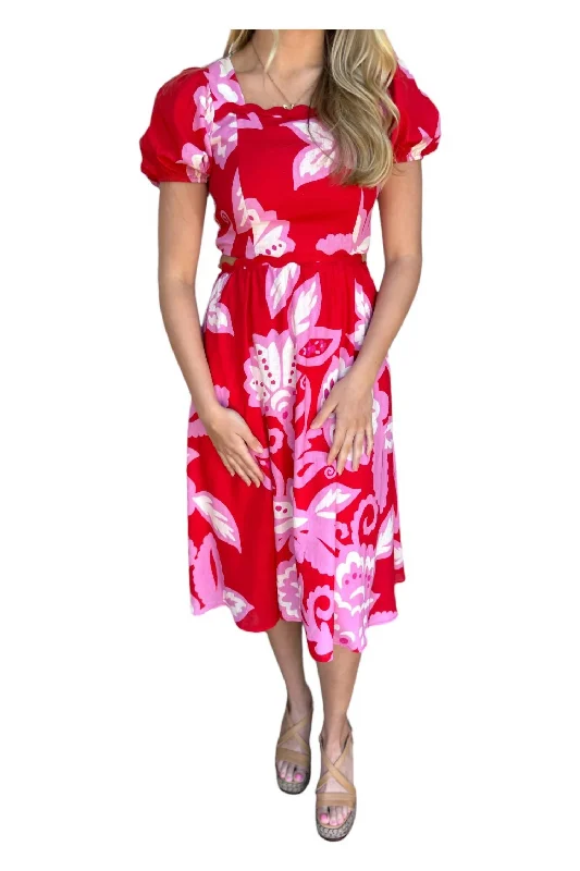 Women's Resort Apparel Effortless Style Printed Puff Sleeve Midi Dress In Red