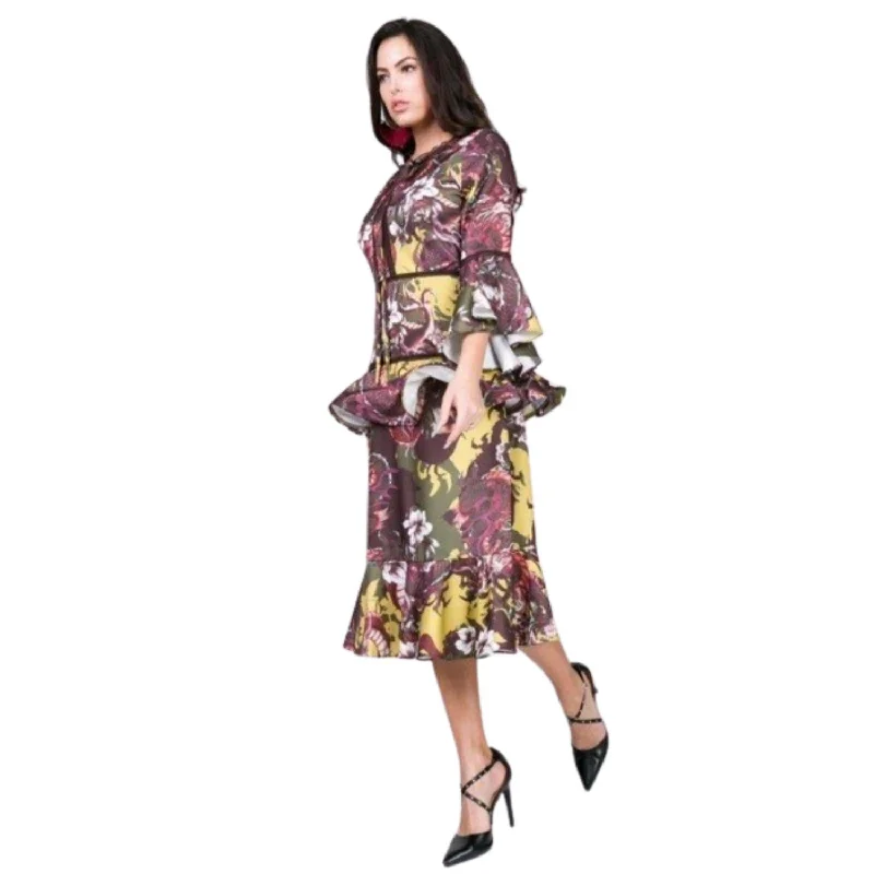 Chic Clothes For Women Soft Textures Cascade Ruffle Sleeve Frill Tiered Bottom Print Midi Dress