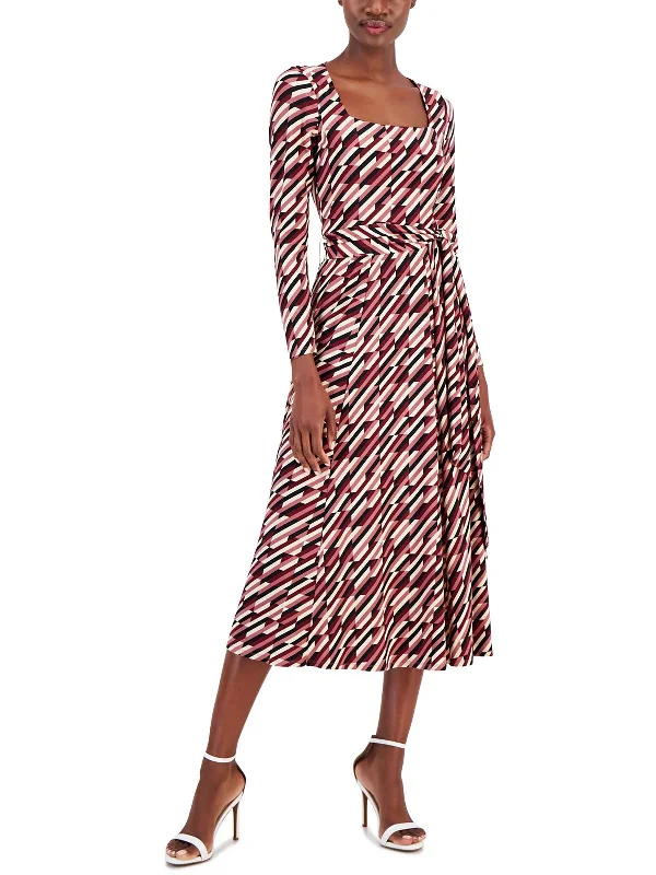 Women's Chic Outerwear Attire Effortless Style Womens Printed Square Neck Midi Dress