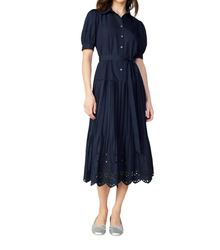 Women's Clothing For Outdoor Activities Feminine Grace Button Down Pleated Eyelet Midi Dress In Navy