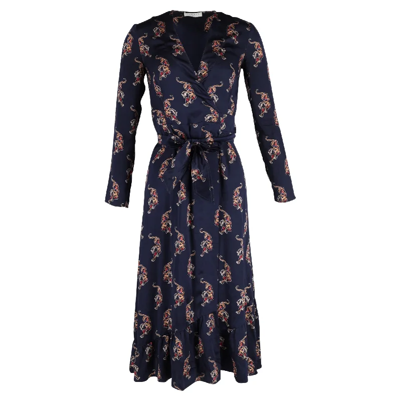 Women's Outdoor Activity Garments Elegant Contour Sandro Paris Printed Wrap Midi Dress in Navy Blue Silk