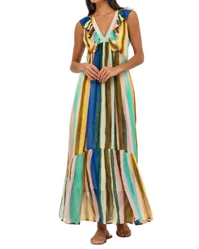 Women's Cozy Outfit For Lounging Art Deco Geometric Pattern Look Ruffle V-Neck Maxi Dress In Zanzibar Multi