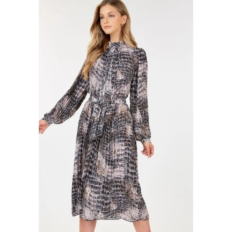 Women's Elegant Apparel Formal Outfit Long Sleeve Pleated Snake Skin Print Midi Dress