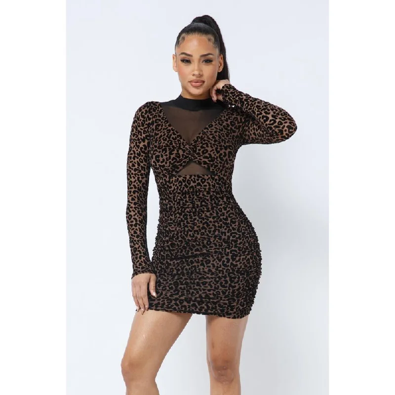 Comfortable Women's Clothing Ethnic Cultural Event Wear Animal Print Long Sleeve Mock Neck Mini Dress