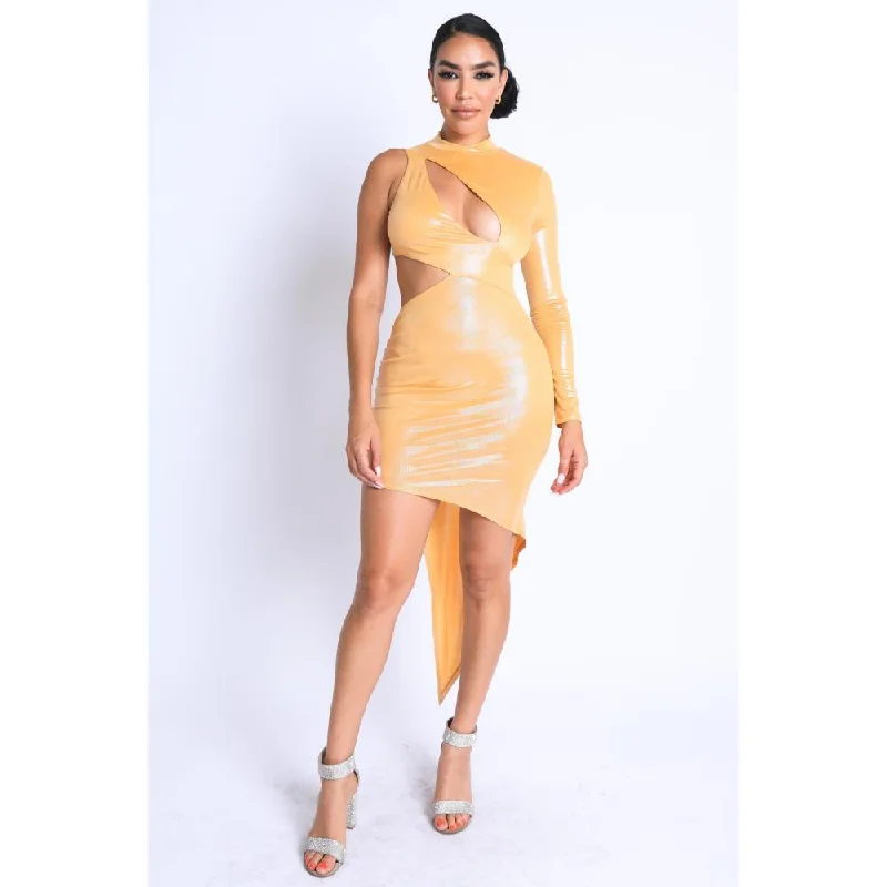 Stylish Women's Outerwear Apparel Feminine Allure Foil Asymmetric Sleeve And Cut Out Midi Dress