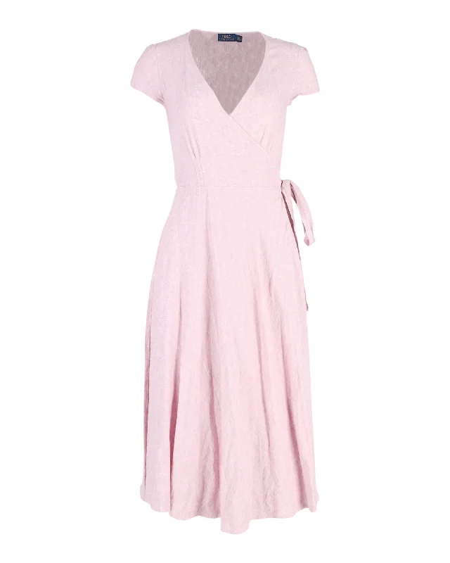 Women's Floral Print Outfit Disco - Inspired Retro Dance Look Polo Ralph Lauren Wrap Midi Dress in Pink Cotton