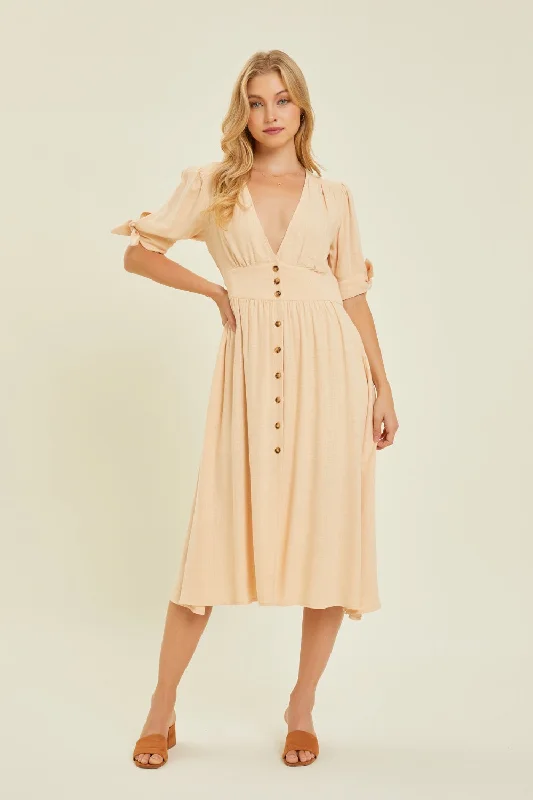 Women's Luxury Apparel Now On Sale For Chic Urban Styles Full Size Textured Linen V-Neck Button-Down Midi Dress