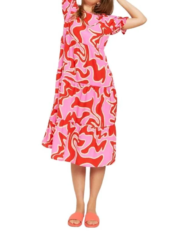 Women's Chic Outerwear Outfit Final Clearance Tiered Short Sleeve A-Line Midi Dress In Fuchsia Combo