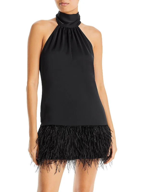 Women's Plus-Size Attire Polished Finish Danni Womens Halter Faux Feather Trim Mini Dress