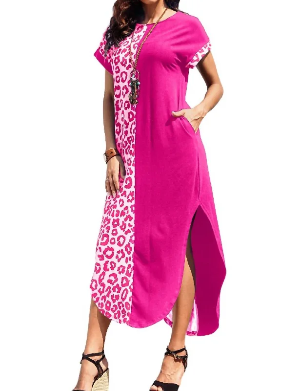 Women's Wardrobe Apparel Casual Chic Maxi Dress With Rolled Sleeves In Pink Leopard