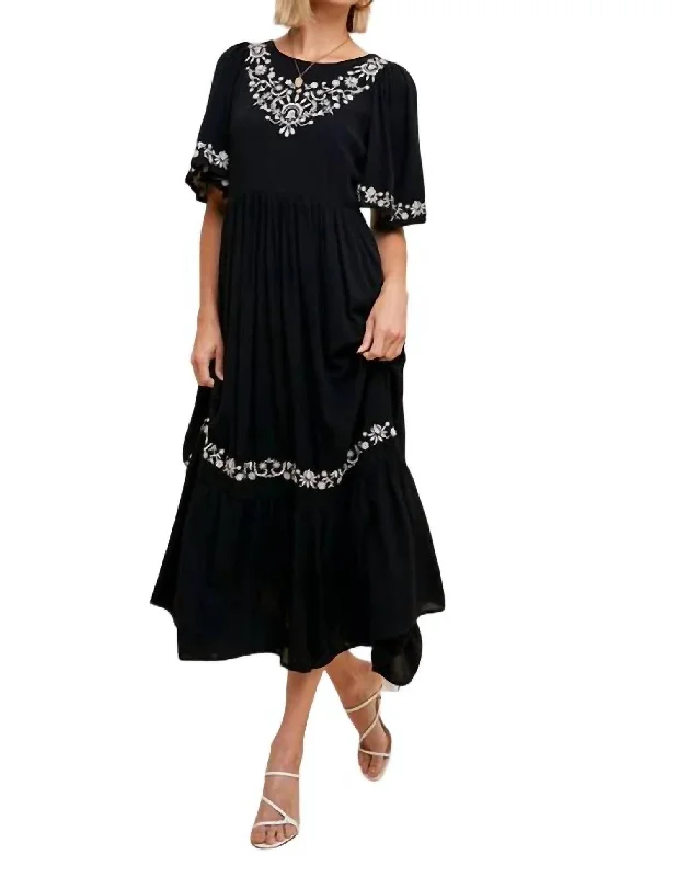 Women's Party Outfit Effortless Comfort Just For Fun Embroidered Midi Dress In Black