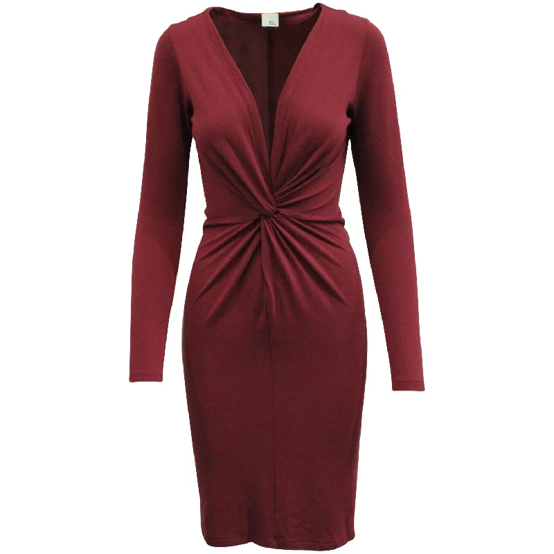 Women's Classic Outfit Cottagecore Rustic Charm Style Iris & Ink Front Knot Midi Dress in Burgundy Viscose