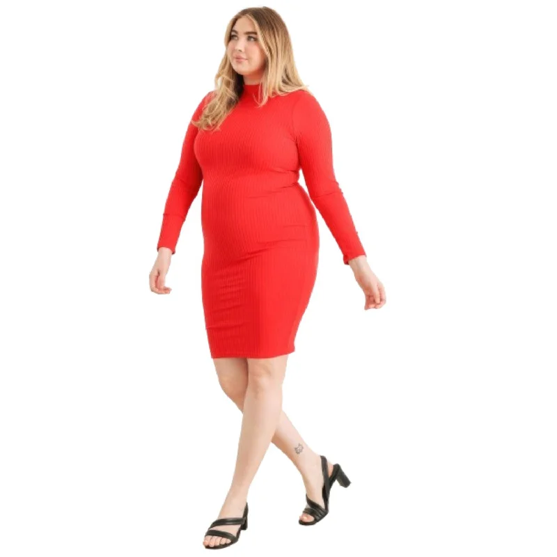 Women's Trendy Clothes Casual Elegance Plus Red Ribbed Long Sleeve Mock Neck Cut-out Back Midi Dress