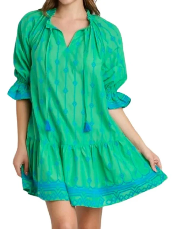 Women's Elegant Evening Attire Minimalist Chic Embroidery Mini Dress In Green/blue