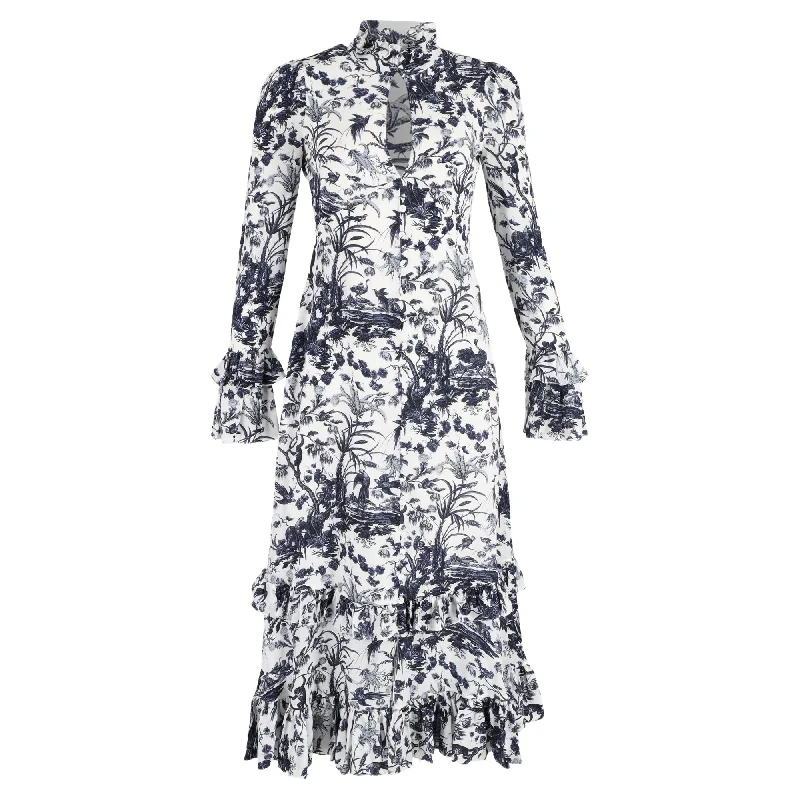 Women's Stylish Professional Apparel Artful Design Erdem Miguella Ruffled Printed Crepe De Chine Midi Dress In Light Blue Silk