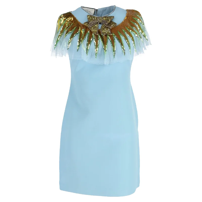 Women's Professional Clothes Effortless Sophistication Gucci Embellished Neck Dress Mini Dress in Blue Viscose