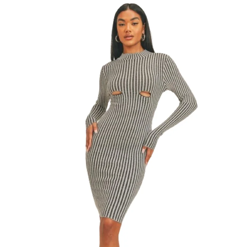 Fashionable Women's Clothes Charming Silhouette Long Sleeve Stripe Print Midi Dress