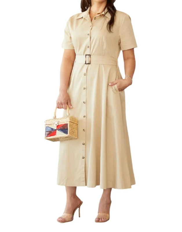 Women's Stylish Professional Garments Coastal Beach - Inspired Style A Solid Woven Midi Dress In Khaki