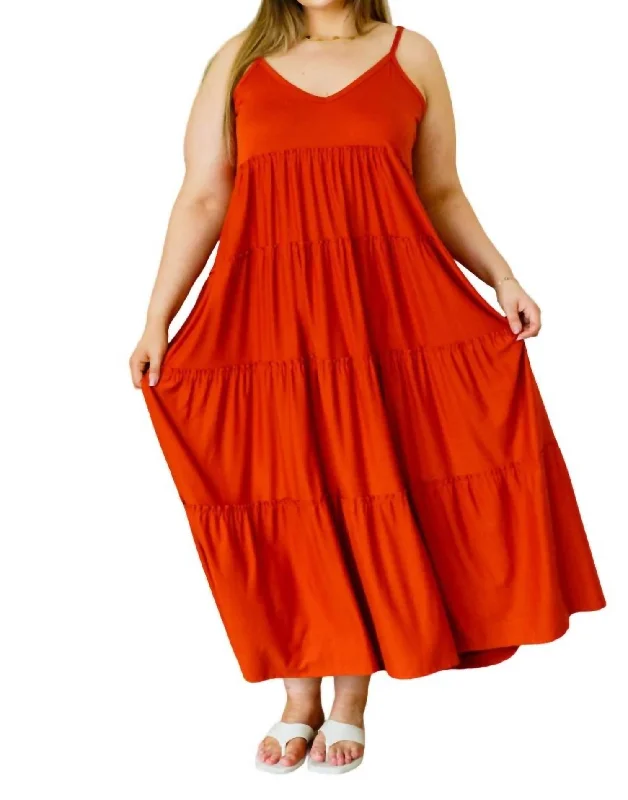 Comfortable Women's Clothes Casual Elegance Romance At Sunset Tiered Maxi Dress In Rust