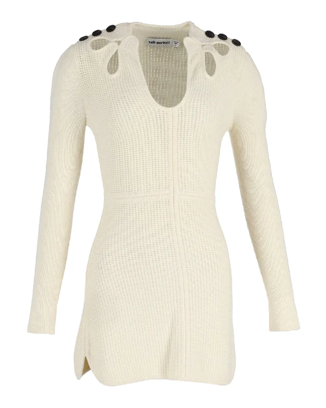 Women's Relaxed Clothes Romantic Detailing Self-Portrait Button-Embellished Cutout Ribbed Mini Dress in Cream Cotton