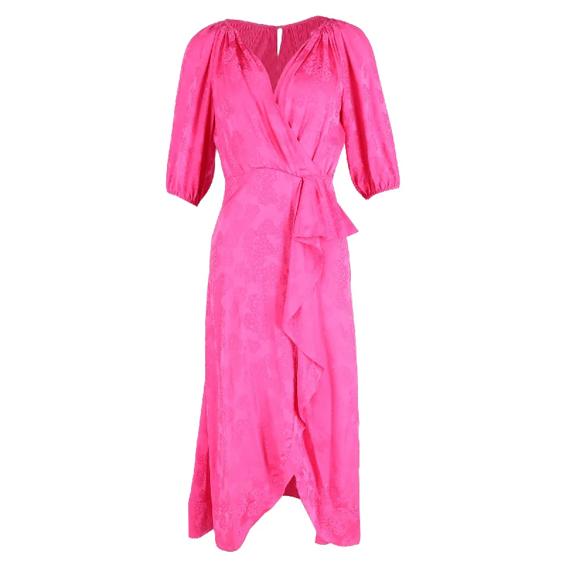 Women's High-Fashion Garments Fashion-Forward Style Saloni Olivia Jacquard Wrap Midi Dress in Pink Silk-satin