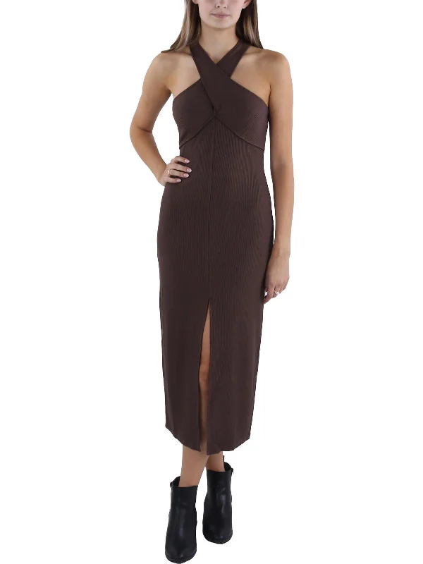 Women's Cozy Winter Attire Refined Look Womens Ribbed Mid Calf Midi Dress