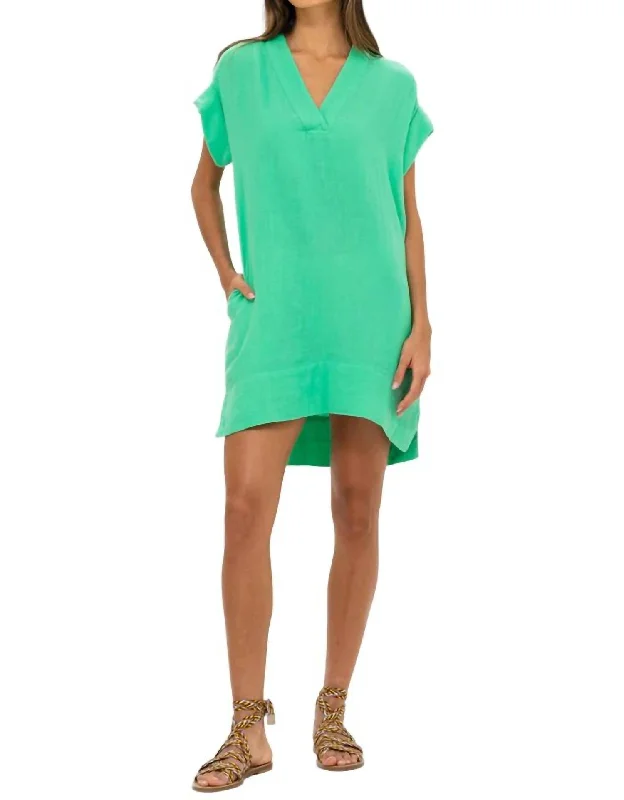 Vintage-Inspired Women's Apparel Elegant Attire V-Neck Mini Dress In Bahama Green