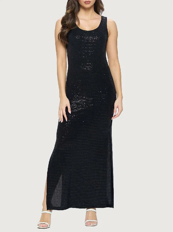 Formal Outfit For Women Luxe Layering Scoop Neck Maxi Dress With Side Slits In Black Sparkle