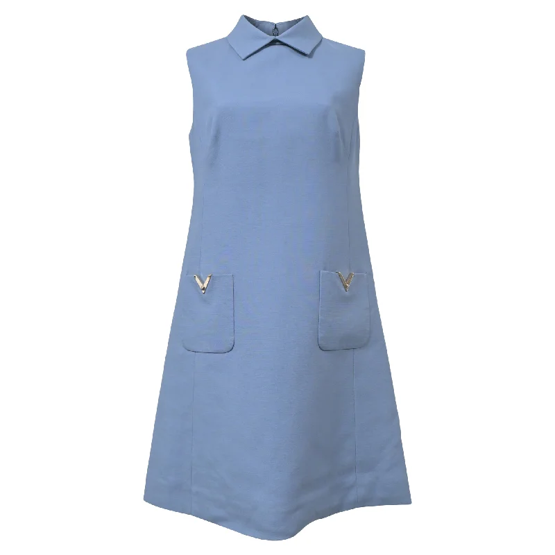 Women's High-Fashion Attire Statement Piece Valentino Collared Mini Dress in Light Blue Wool