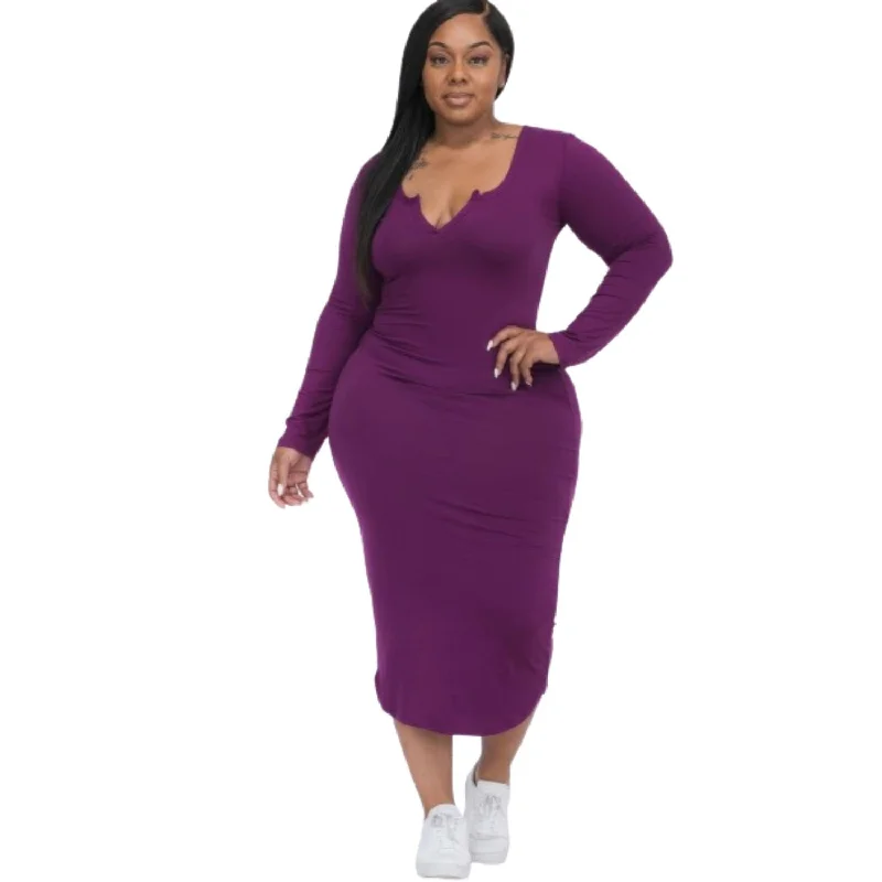 Women's Chic Outerwear Garments Classic Timeless Elegant Style Plus Size Split Neck Long Sleeve Midi Dress