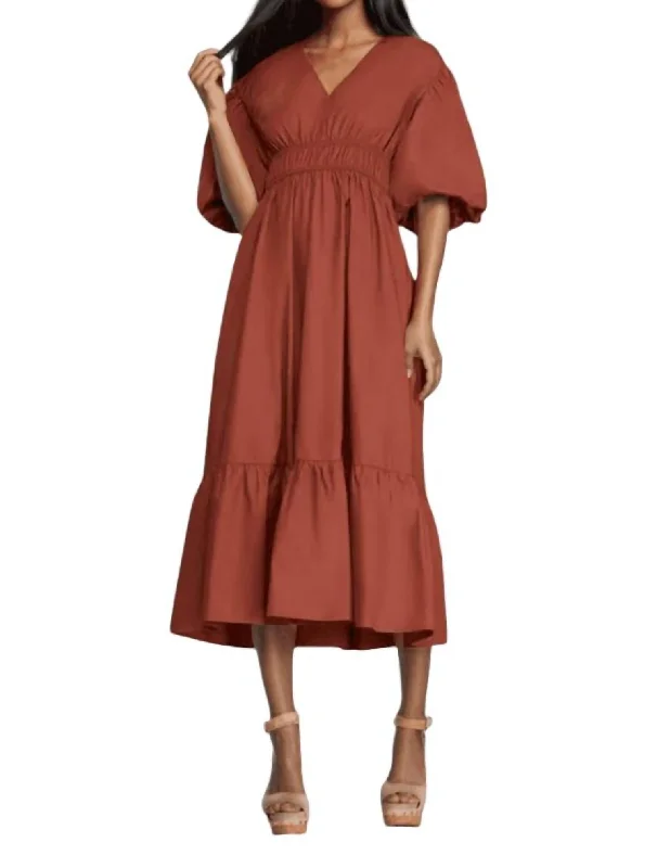 Women's Clothing For Travel Effortless Comfort Aimee Bubble Sleeve Midi Dress In Cognac