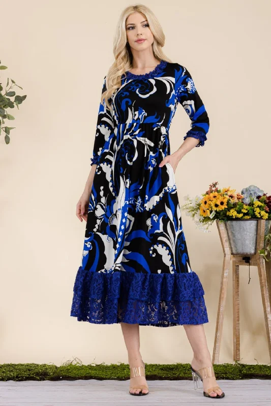 Women's Sports Apparel Mid - Season Sale Full Size Paisley Print Lace Ruffled Midi Dress