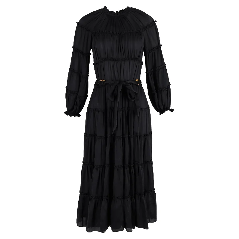 Fashionable Women's Casual Apparel Exquisite Craftsmanship Zimmermann Tiered Midi Dress in Black Silk