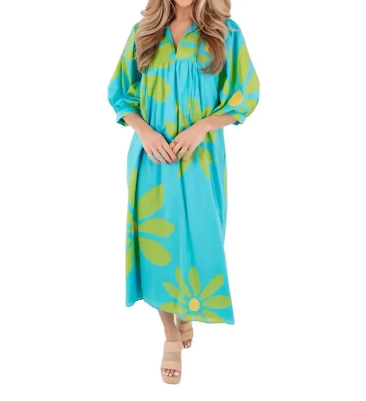 Women's Clothing Sets Limited - Stock Indi Puff Sleeve Midi Dress In Aqua Multi